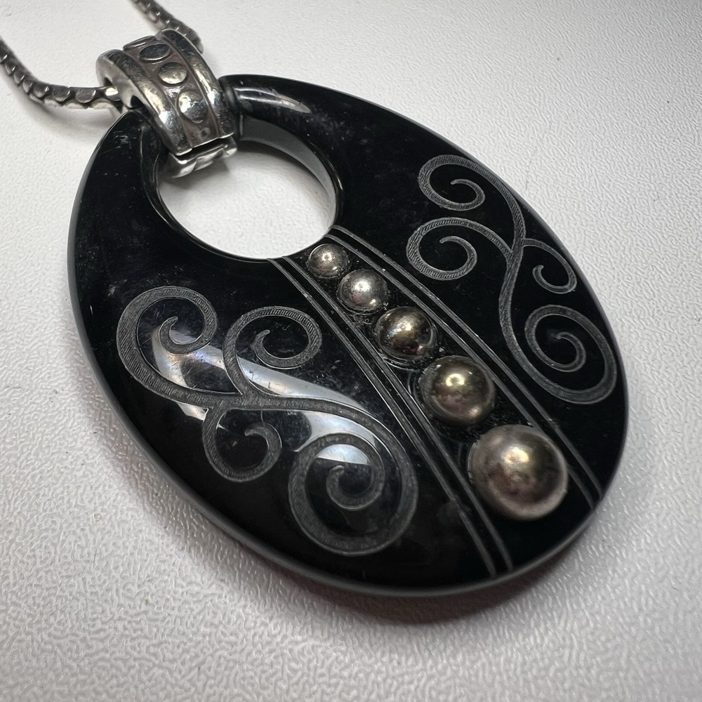 Vtg Brighton Black Enamel Oval Pendant Necklace Silver Tone Scroll